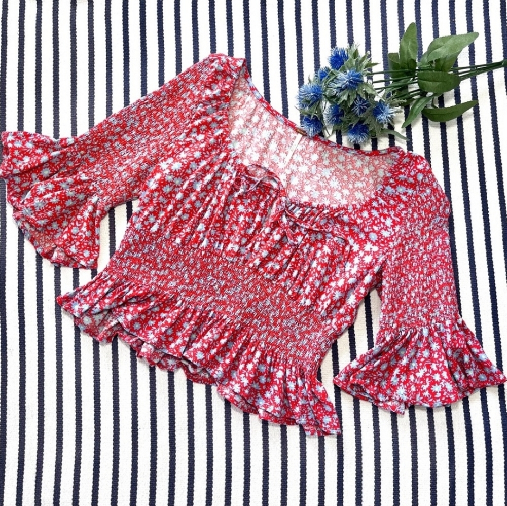 Free People Red and Blue Cottagecore Crop Top - Picture 2 of 7